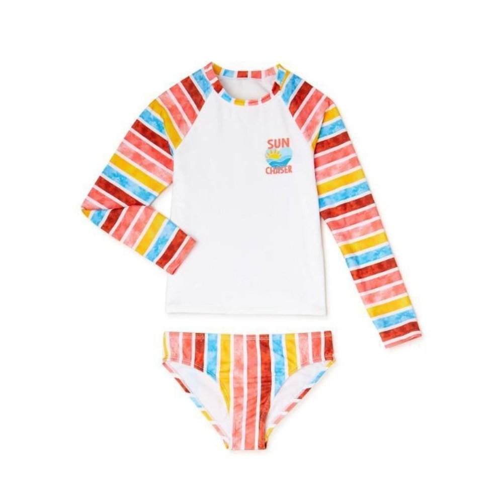 Wonder Nation Girls Long Sleeve Striped Rash Guard Swimsuit with UPF 50+ 2XL